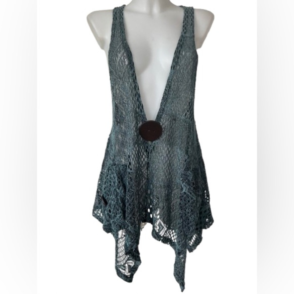 Red Coral Collections Macrame Blue Black Lacey Beach Swim Cover Up One Size